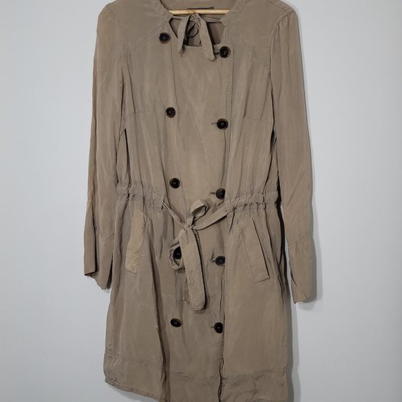 Jean Paul Barlin Tan Double Breasted Silky Neck Tie Long Sleeve Belted Jacket - Picture 5 of 13